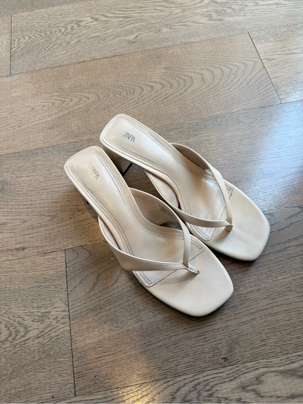 Zara Cream Square-Toe Thong Block Heel Sandals
